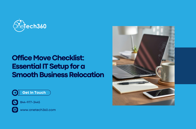 Office move checklist graphic showing laptop, notebook, and workspace setup representing business IT relocation planning.