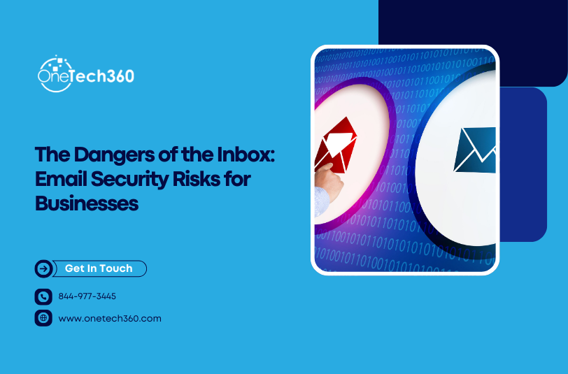 The Dangers of the Inbox email security graphic featuring OneTech360 branding and phishing email risk concept.