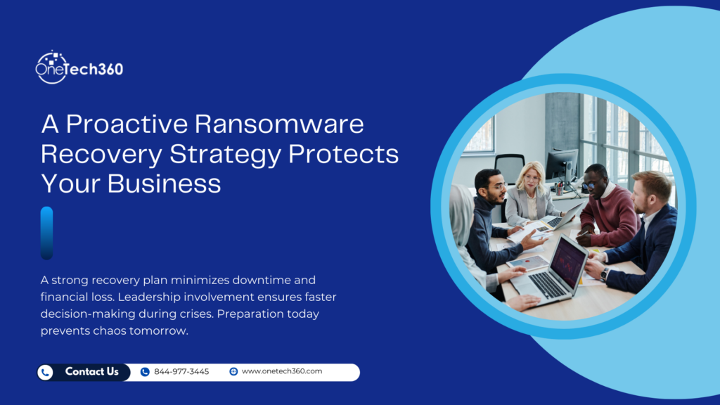 A Proactive Ransomware Recovery Strategy Protects Your Business graphic showing executive team reviewing cybersecurity recovery plans with OneTech360 branding.