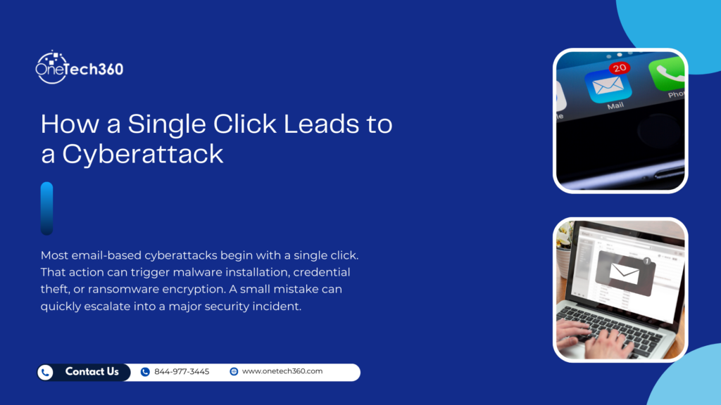 How a Single Click Leads to a Cyberattack graphic showing phishing email notification and malware infection risk with OneTech360 branding.