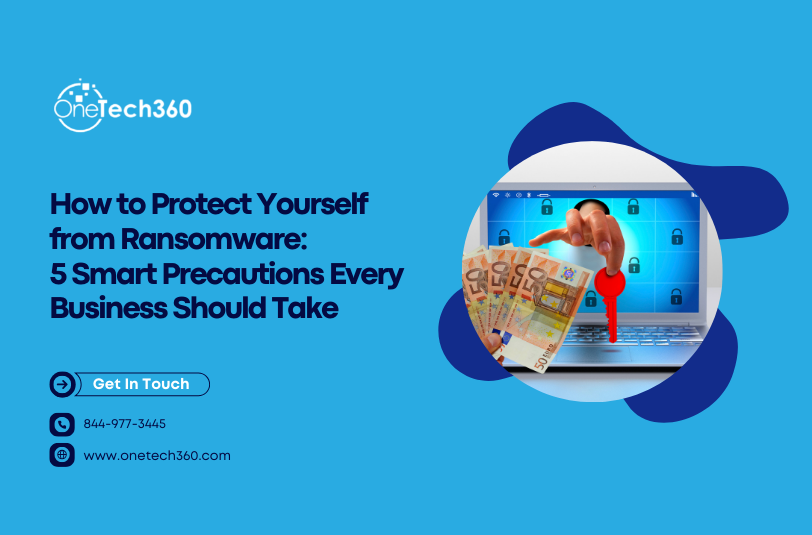 Laptop screen showing ransomware lock message with digital security background