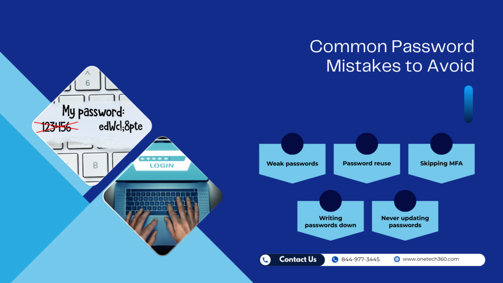 Common password mistakes including weak passwords, reuse, and skipping security steps