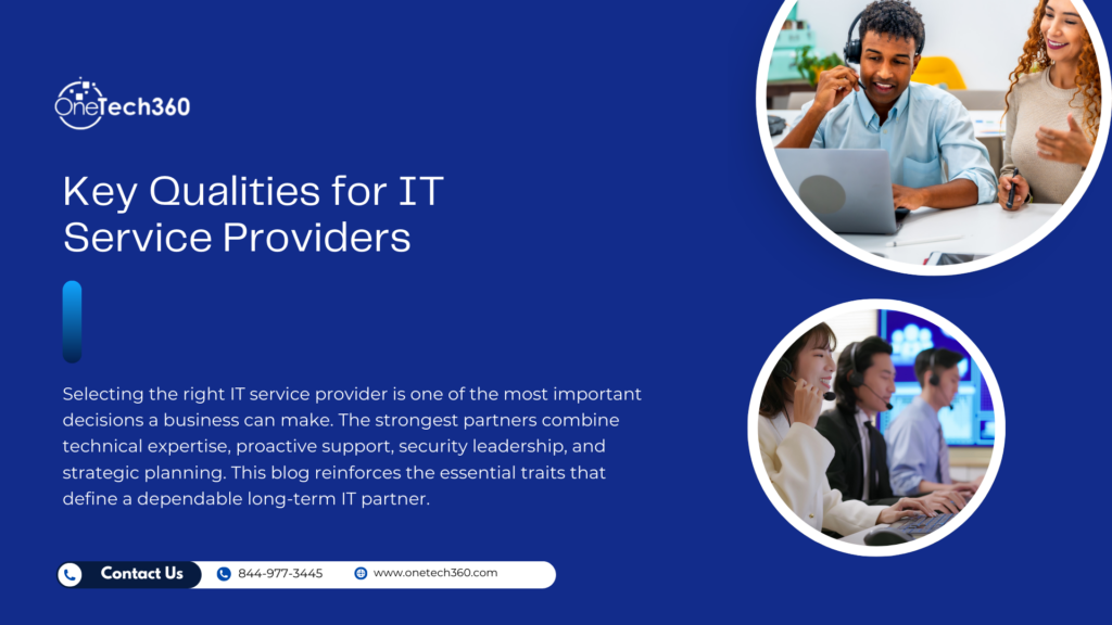 Key qualities of a trusted IT service provider displayed on professional business background