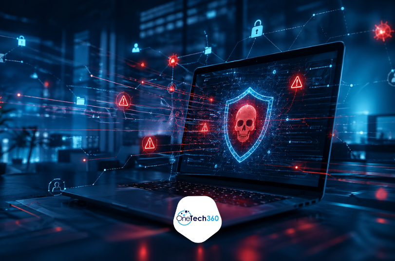 Cybersecurity laptop showing malware alerts and business network threat icons