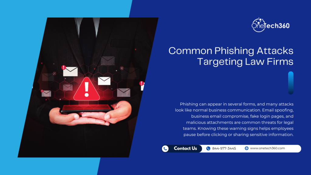 Phishing warning graphic showing suspicious email alerts and common phishing attacks targeting law firms