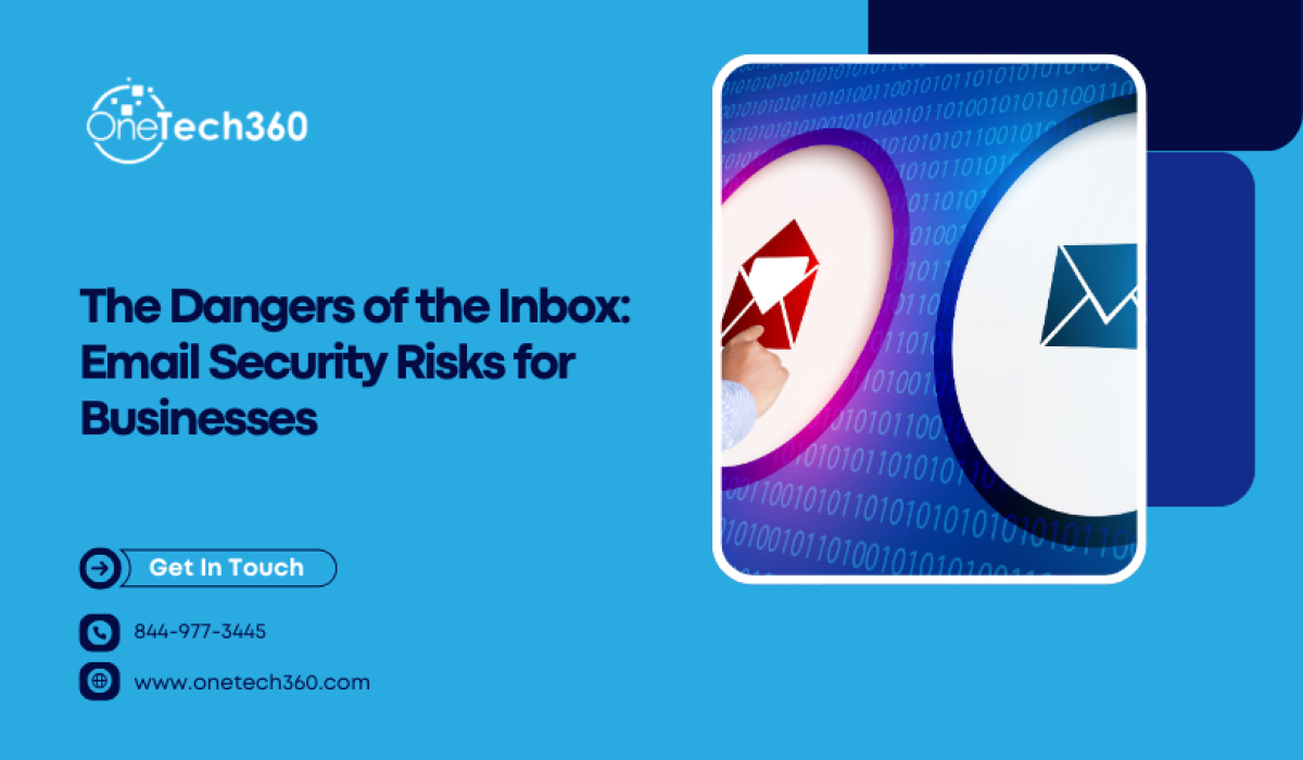 The Dangers of the Inbox email security graphic featuring OneTech360 branding and phishing email risk concept.