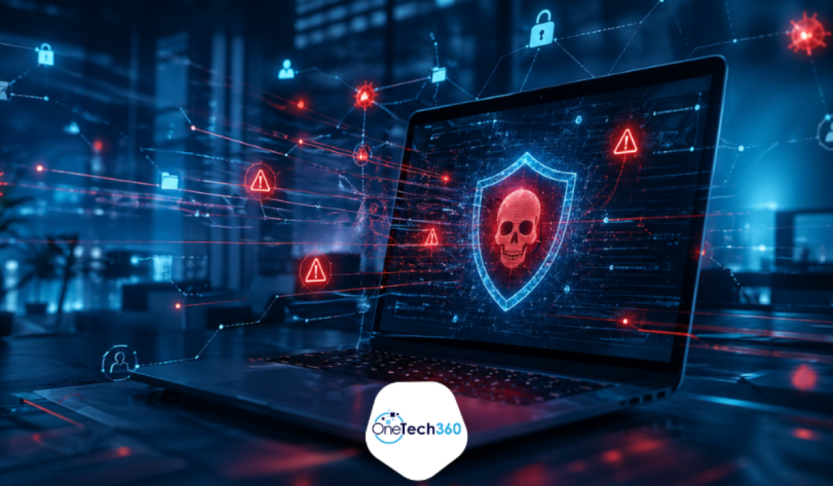 Cybersecurity laptop showing malware alerts and business network threat icons