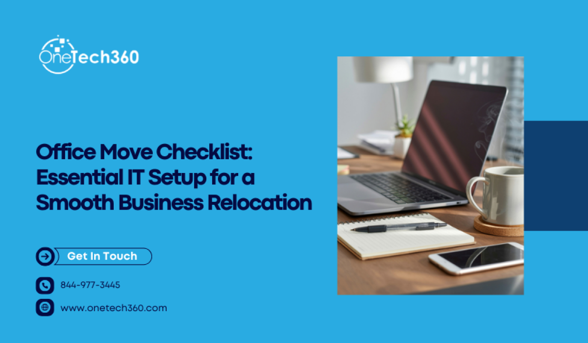 Office move checklist graphic showing laptop, notebook, and workspace setup representing business IT relocation planning.